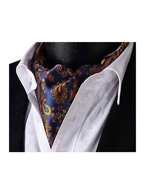 Elfeves Men's Blue Orange Floral 100% Silk Cravat Ties Jacquard Woven Ascot