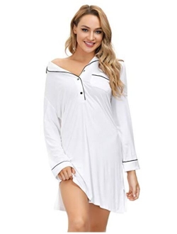 Zexxxy Women Long Sleeve Pajama Top Button Down Lapel Sleep Shirt Dress