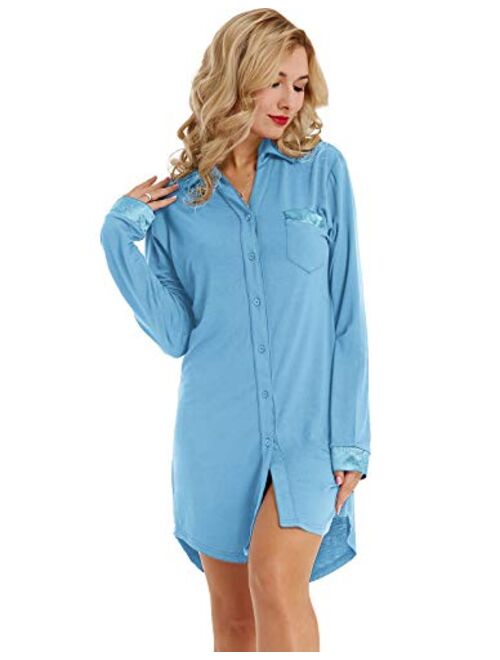 Zexxxy Women Long Sleeve Pajama Top Button Down Lapel Sleep Shirt Dress