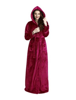 Womens Long Hooded Bathrobe Fleece Full Length Bathrobe with Hood Winter Sleepwear