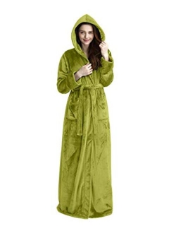 Womens Long Hooded Bathrobe Fleece Full Length Bathrobe with Hood Winter Sleepwear