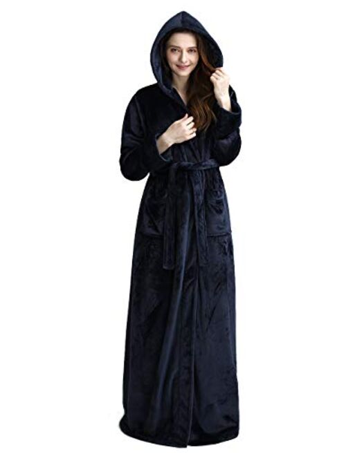 Womens Long Hooded Bathrobe Fleece Full Length Bathrobe with Hood Winter Sleepwear