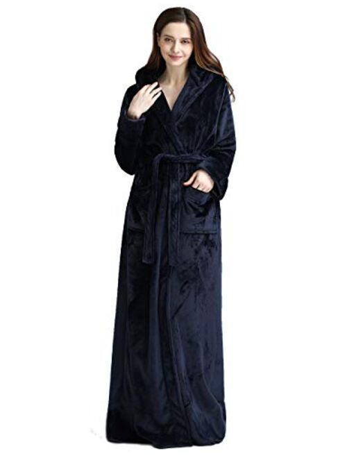 Womens Long Hooded Bathrobe Fleece Full Length Bathrobe with Hood Winter Sleepwear