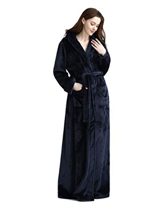 Womens Long Hooded Bathrobe Fleece Full Length Bathrobe with Hood Winter Sleepwear