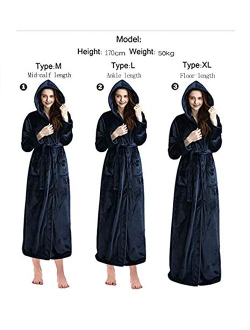 Womens Long Hooded Bathrobe Fleece Full Length Bathrobe with Hood Winter Sleepwear