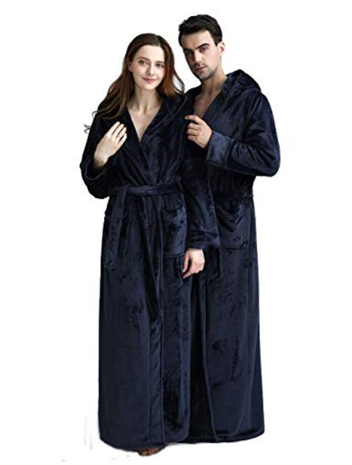 Womens Long Hooded Bathrobe Fleece Full Length Bathrobe with Hood Winter Sleepwear