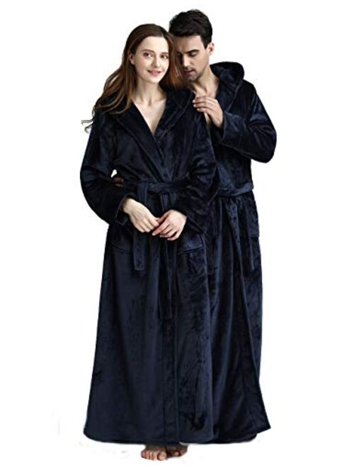 Womens Long Hooded Bathrobe Fleece Full Length Bathrobe with Hood Winter Sleepwear