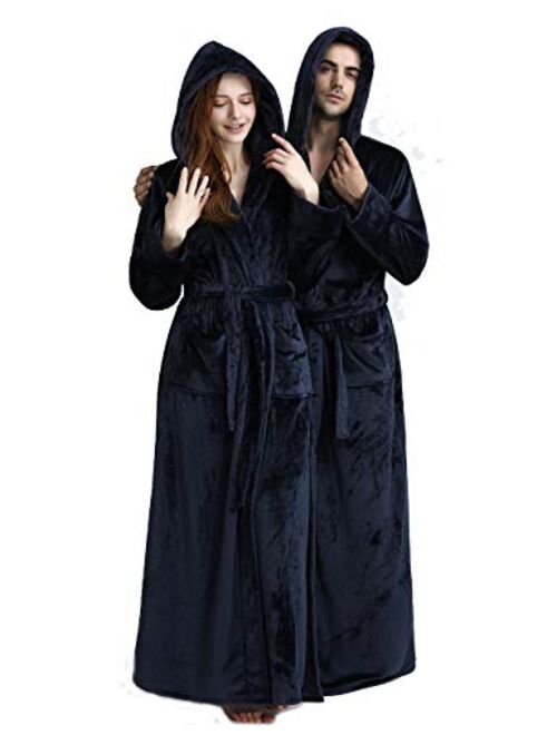 Womens Long Hooded Bathrobe Fleece Full Length Bathrobe with Hood Winter Sleepwear