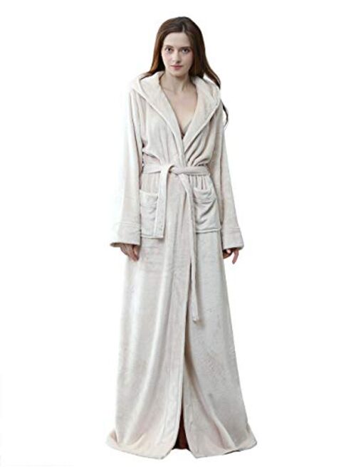 Womens Long Hooded Bathrobe Fleece Full Length Bathrobe with Hood Winter Sleepwear