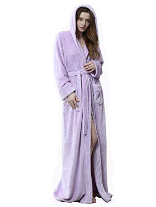 Womens Long Hooded Bathrobe Fleece Full Length Bathrobe with Hood Winter Sleepwear