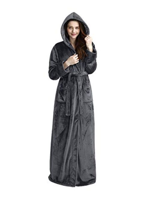 Womens Long Hooded Bathrobe Fleece Full Length Bathrobe with Hood Winter Sleepwear