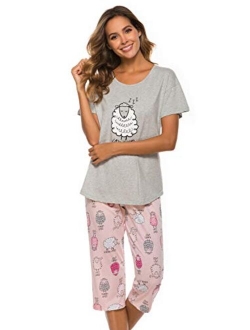 LOCUBE Women's Pajama Sets Short Tops and Capri Pants Cute Cartoon Sleepwear Loungewear