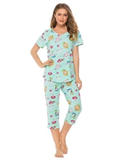 LOCUBE Women's Pajama Sets Short Tops and Capri Pants Cute Cartoon Sleepwear Loungewear