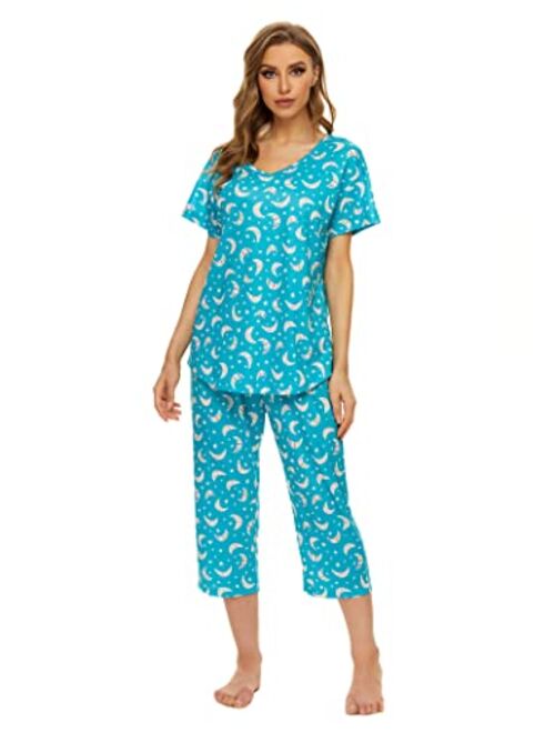 LOCUBE Women's Pajama Sets Short Tops and Capri Pants Cute Cartoon Sleepwear Loungewear