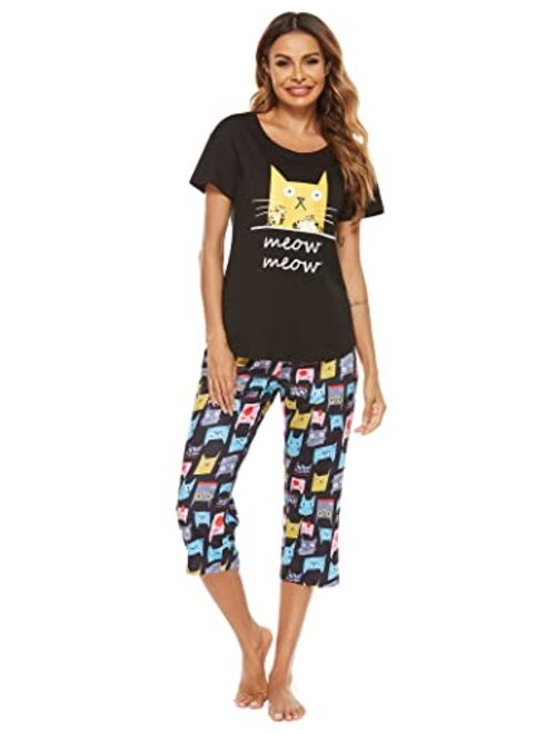 LOCUBE Women's Pajama Sets Short Tops and Capri Pants Cute Cartoon Sleepwear Loungewear