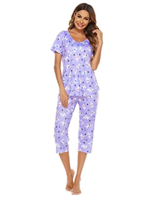 LOCUBE Women's Pajama Sets Short Tops and Capri Pants Cute Cartoon Sleepwear Loungewear