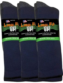 Loose Fit Stays Up Men's and Women's Casual Crew Socks 3 PK Made in USA! Cushioned Sole