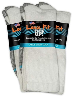 Loose Fit Stays Up Men's and Women's Casual Crew Socks 3 PK Made in USA! Cushioned Sole