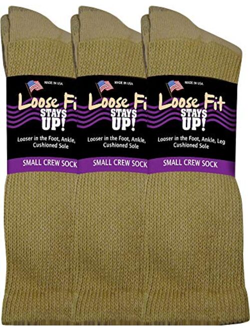 Loose Fit Stays Up Men's and Women's Casual Crew Socks 3 PK Made in USA! Cushioned Sole