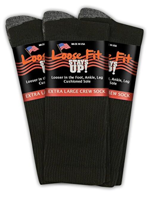 Loose Fit Stays Up Men's and Women's Casual Crew Socks 3 PK Made in USA! Cushioned Sole