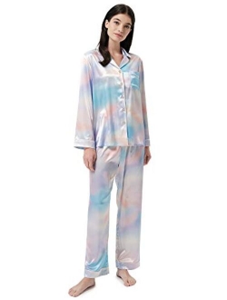 SIORO Women Pajamas Set Satin Long Sleeve Silk Pajamas for Womens, Button Down Nightwear Soft Pj Sets,Small~X-Large