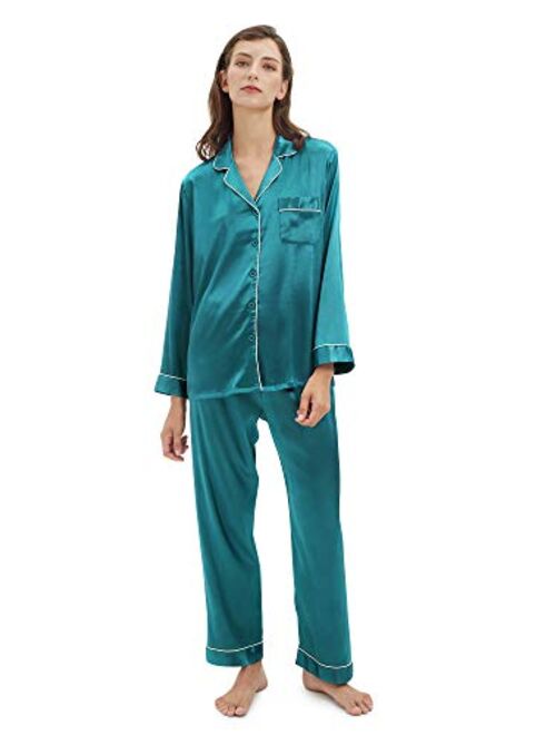 SIORO Women Pajamas Set Satin Long Sleeve Silk Pajamas for Womens, Button Down Nightwear Soft Pj Sets,Small~X-Large