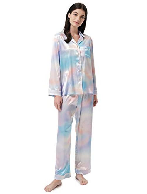 SIORO Women Pajamas Set Satin Long Sleeve Silk Pajamas for Womens, Button Down Nightwear Soft Pj Sets,Small~X-Large