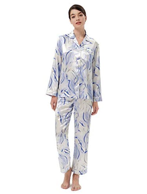 SIORO Women Pajamas Set Satin Long Sleeve Silk Pajamas for Womens, Button Down Nightwear Soft Pj Sets,Small~X-Large