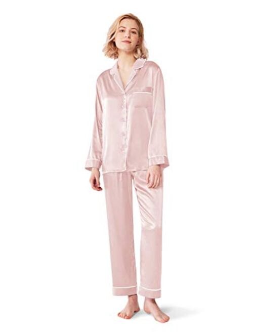 SIORO Women Pajamas Set Satin Long Sleeve Silk Pajamas for Womens, Button Down Nightwear Soft Pj Sets,Small~X-Large