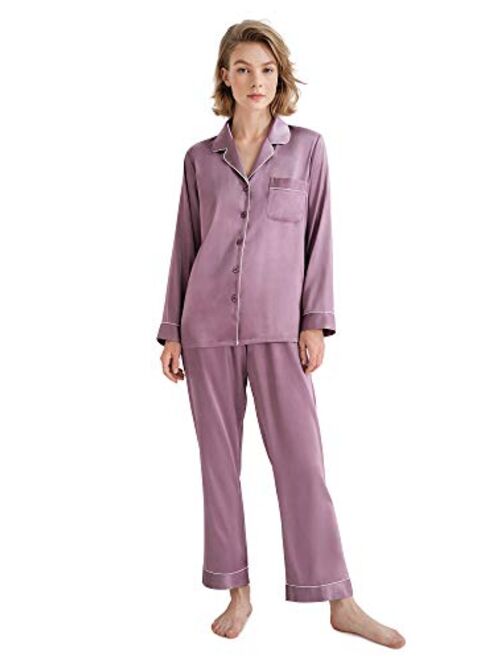 SIORO Women Pajamas Set Satin Long Sleeve Silk Pajamas for Womens, Button Down Nightwear Soft Pj Sets,Small~X-Large