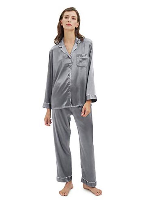 SIORO Women Pajamas Set Satin Long Sleeve Silk Pajamas for Womens, Button Down Nightwear Soft Pj Sets,Small~X-Large