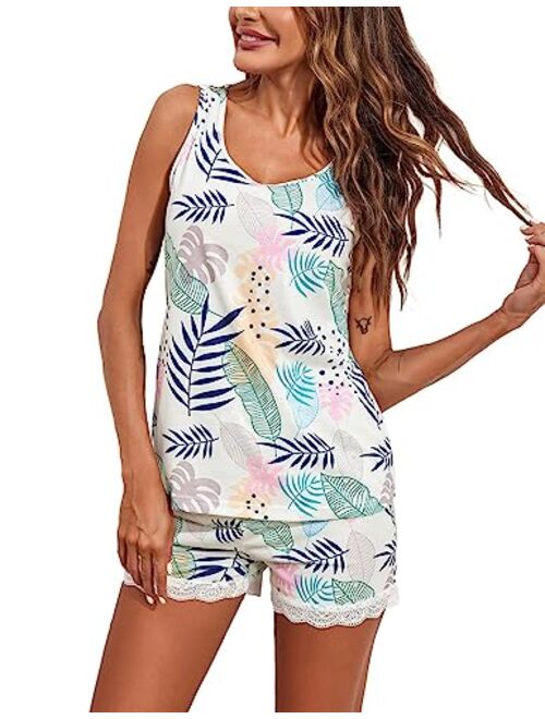 Ekouaer Womens Pajama Set Sleeveless Tank Top and Shorts Pj Set Lace Hem Sleepwear S-XXL