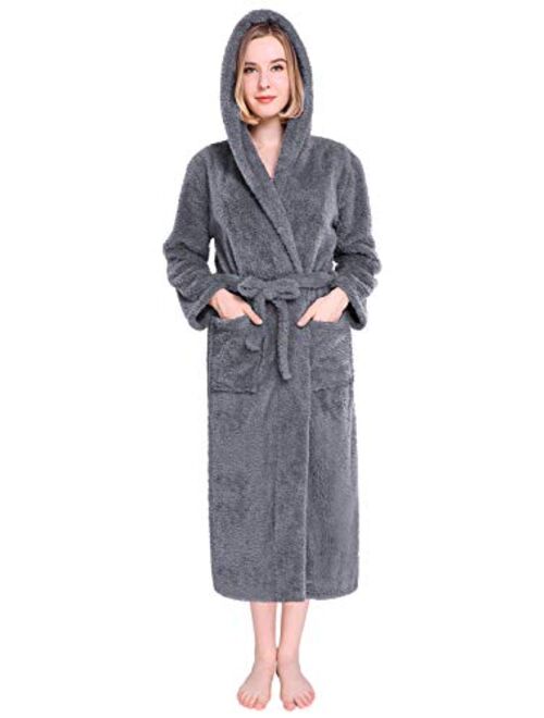 Vislivin Womens Hooded Robes Plush Bathrobe Warm Fleece Robe