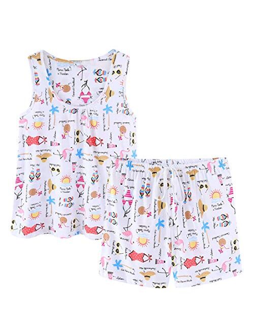 CHUNG Women's Cute Cotton Pajama Set Cartoon Tank Tee Shorts Sleepwear Summer Plus Size Stripe Shoties