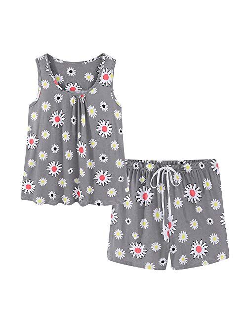 CHUNG Women's Cute Cotton Pajama Set Cartoon Tank Tee Shorts Sleepwear Summer Plus Size Stripe Shoties