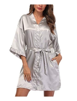 Sueshop Women's Satin Kimono Robes Short Silky Bathrobe Pure Color Robe for Wedding