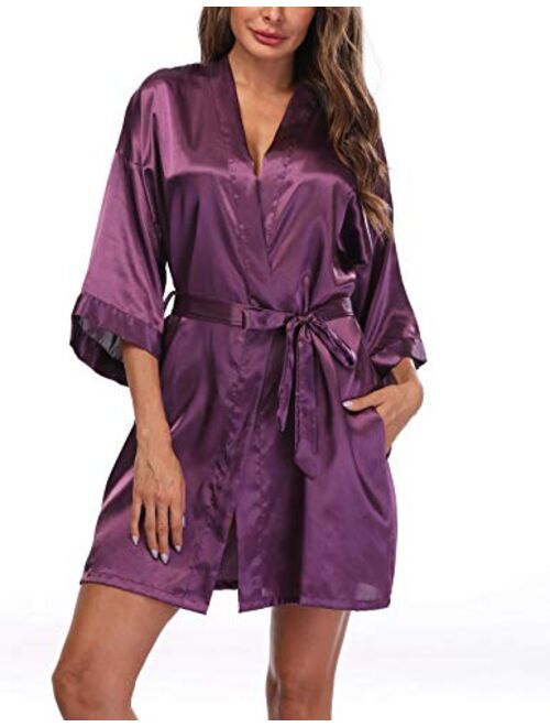 Sueshop Women's Satin Kimono Robes Short Silky Bathrobe Pure Color Robe for Wedding