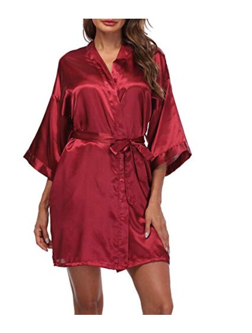 Sueshop Women's Satin Kimono Robes Short Silky Bathrobe Pure Color Robe for Wedding