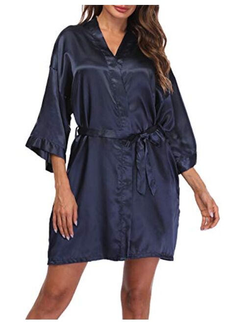 Sueshop Women's Satin Kimono Robes Short Silky Bathrobe Pure Color Robe for Wedding