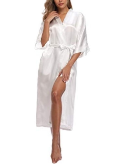 Womens Pure Color Long Satin Bathrobe Kimono Nightgown Long Dress Gown