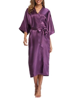 Womens Pure Color Long Satin Bathrobe Kimono Nightgown Long Dress Gown