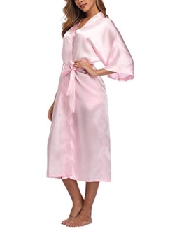 Womens Pure Color Long Satin Bathrobe Kimono Nightgown Long Dress Gown