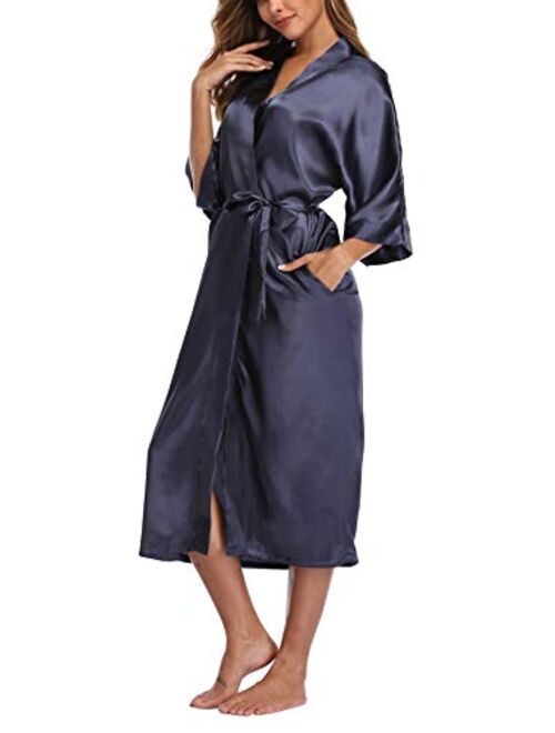 Womens Pure Color Long Satin Bathrobe Kimono Nightgown Long Dress Gown