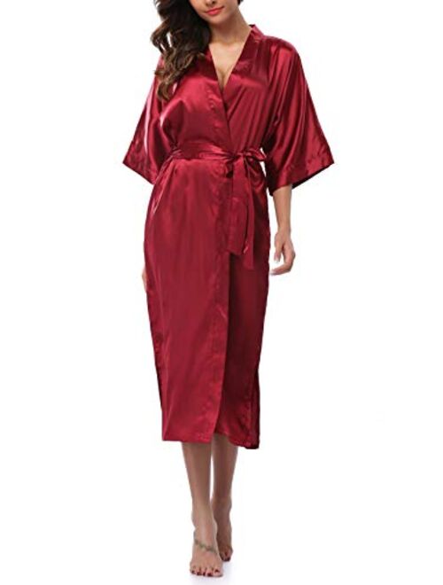 Womens Pure Color Long Satin Bathrobe Kimono Nightgown Long Dress Gown