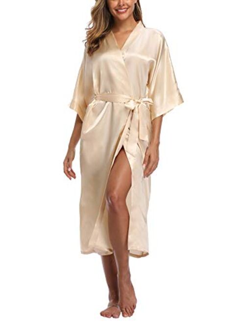 Womens Pure Color Long Satin Bathrobe Kimono Nightgown Long Dress Gown