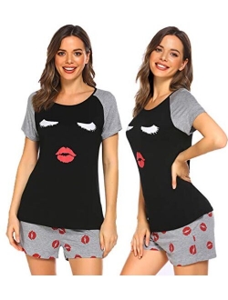 Women's Pajama Set Sleepwear Pj Set Two Piece Pajamas Tee Sleep Shorts Pjs Sets(S-XXL)