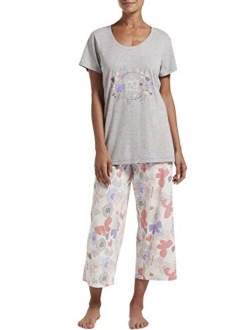 Women's Printed Knit Short Sleeve Tee and Capri 2 Piece Pajama Set