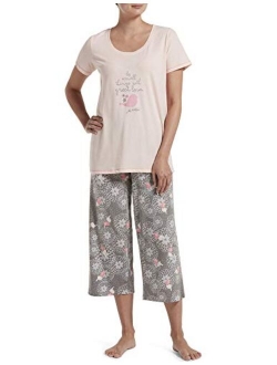 Women's Printed Knit Short Sleeve Tee and Capri 2 Piece Pajama Set