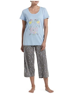 Women's Printed Knit Short Sleeve Tee and Capri 2 Piece Pajama Set