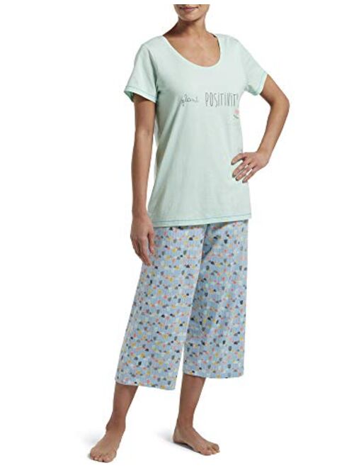 HUE Women's Printed Knit Short Sleeve Tee and Capri 2 Piece Pajama Set